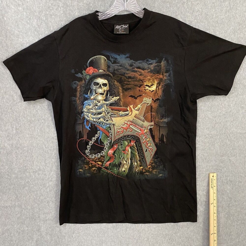 Rock Chang Black T-Shirt Death Guitarist Skeleton Front & Back Hit Men's Large